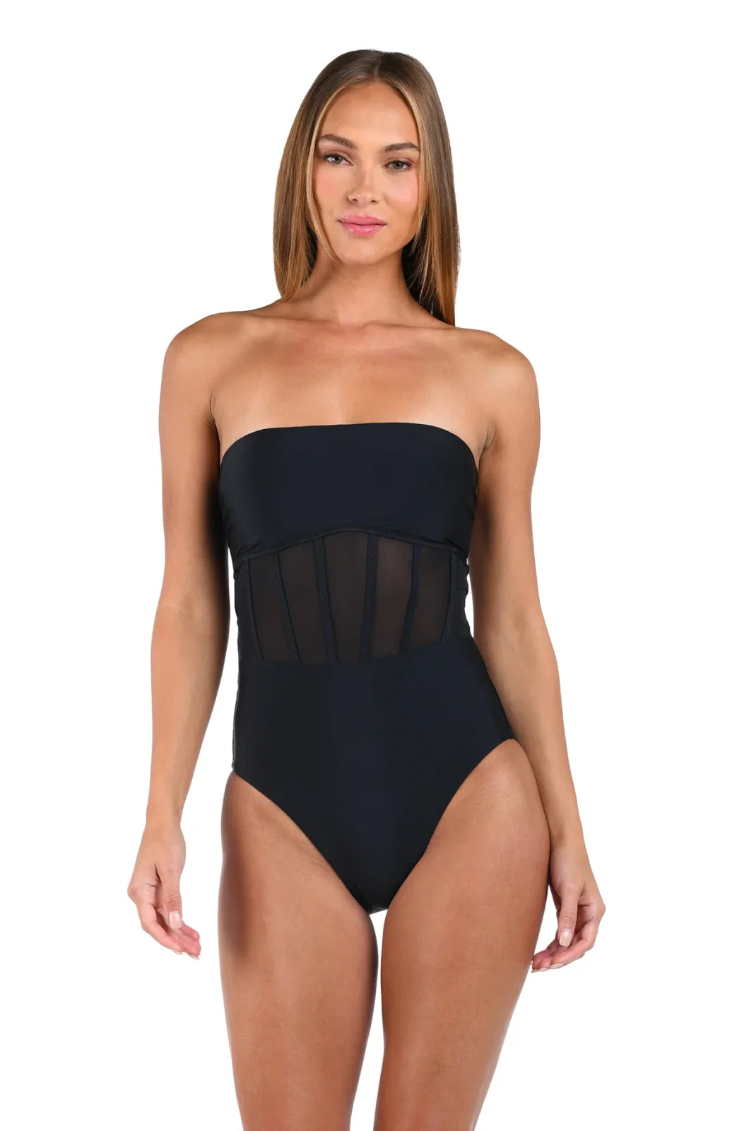 Sunshine 79 Solids Bandeau One Piece in Black, perfect for coastal boutique clothing and tropical vacations.