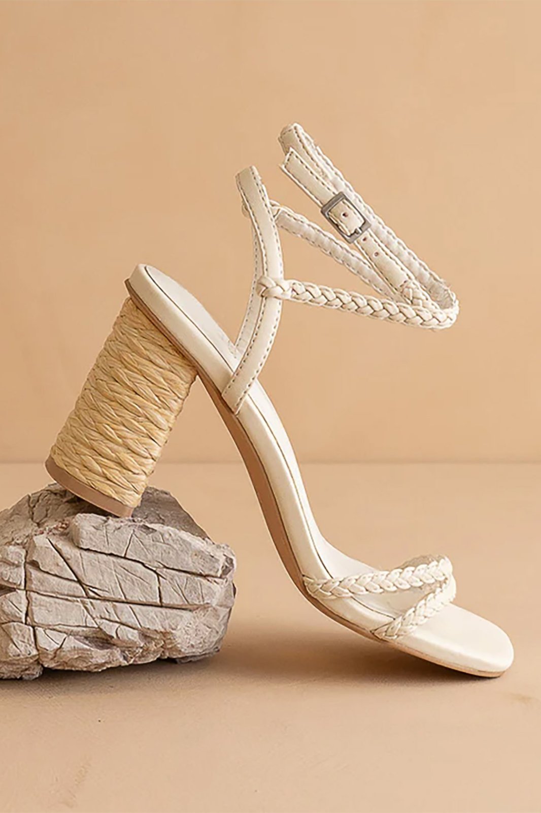 Ellis Heel in soft braided vegan leather, 3-inch raffia-wrapped block heel, perfect for coastal boutique clothing and beach dresses.
