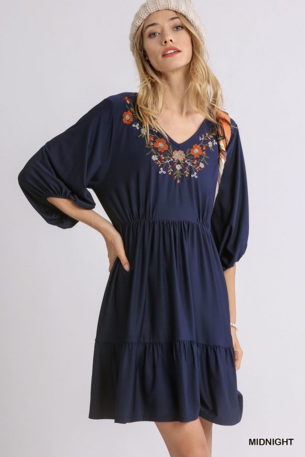 NAVY FLORAL V-NECK TIERED BABYDOLL DRESS