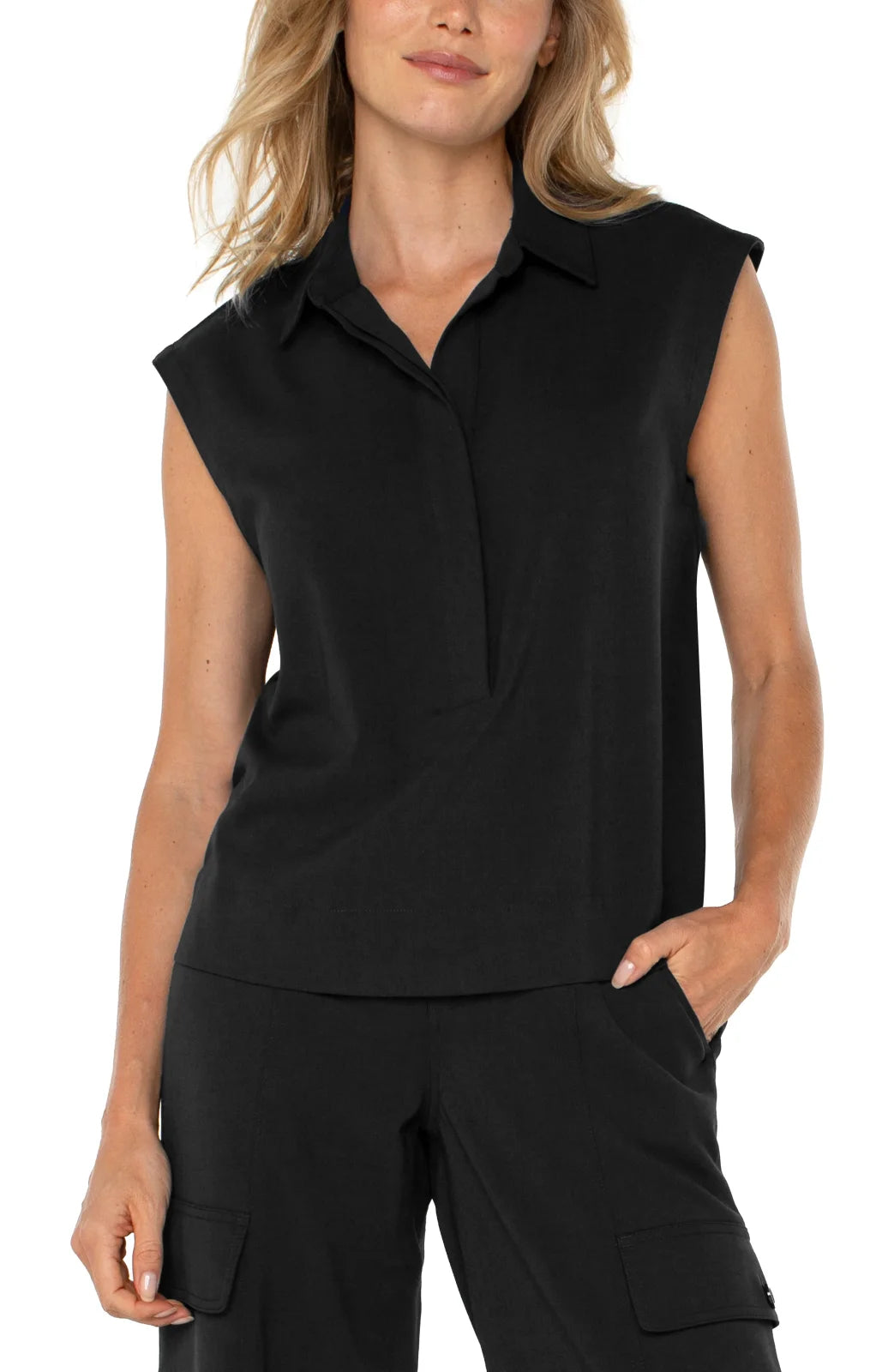 Stylish black sleeveless cropped shirt, perfect for coastal boutique clothing and Port Aransas beachwear. Women's fashion essential.