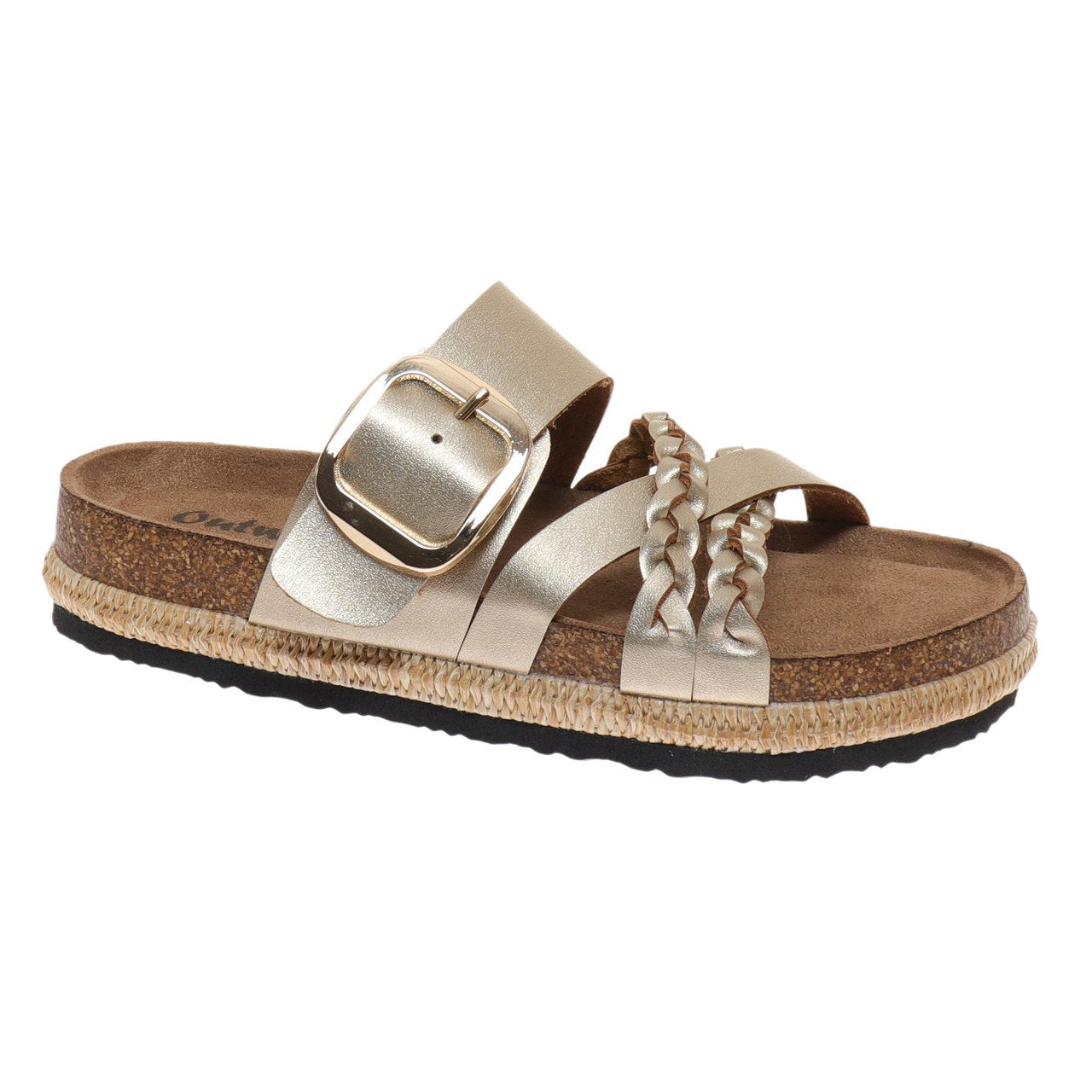 Wren Gold Sandal featuring braided straps and a chic buckle, perfect for coastal boutique clothing. Ideal for beach dresses.