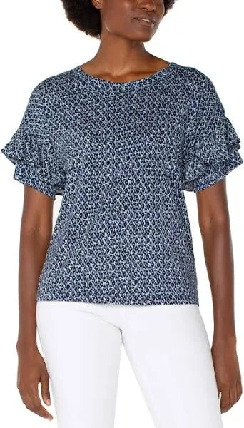 Liverpool Navy/Cream Batik Top with ruffle sleeves, perfect for coastal boutique clothing and stylish tops for women.