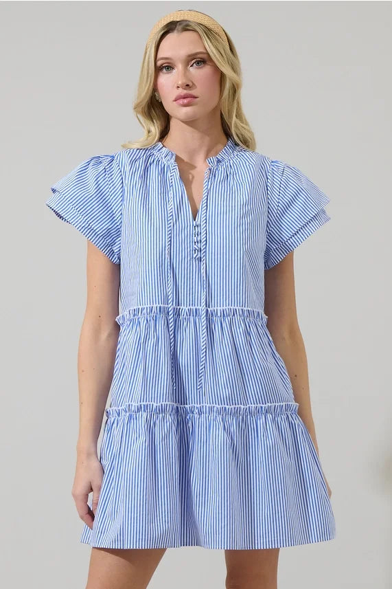 Blue & white striped tiered mini dress from a coastal boutique, perfect for casual outings and beach days.