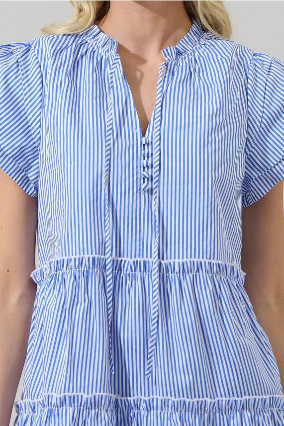 Blue & white striped tiered mini dress with a split neckline, perfect for casual outings and summer brunches.