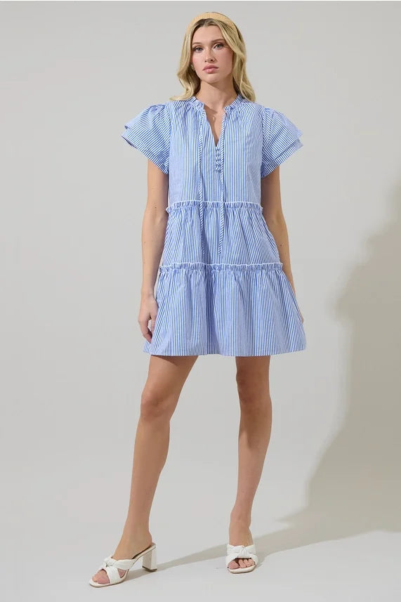 Blue and white striped tiered mini dress, perfect for beach outings, from Port Aransas boutique, stylish women's fashion.