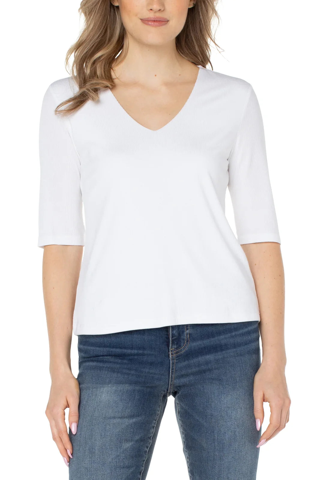 Liverpool Double Layer V-neck Rib Knit Top in Cream, a chic staple for coastal boutique clothing and versatile beach outfits.