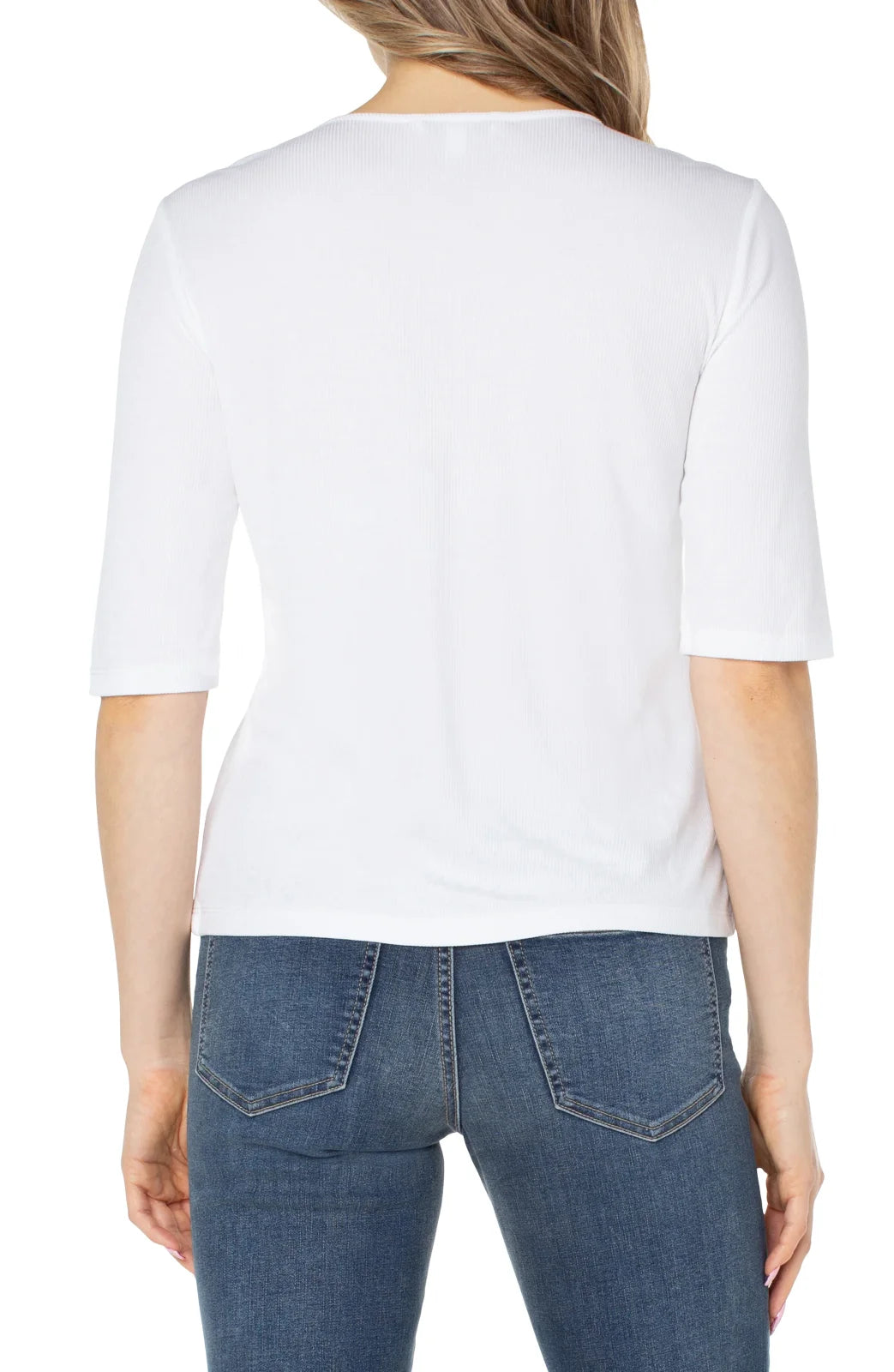 Back view of Liverpool Double Layer V-neck Rib Knit Top in cream, perfect for coastal boutique clothing and versatile for any outfit.