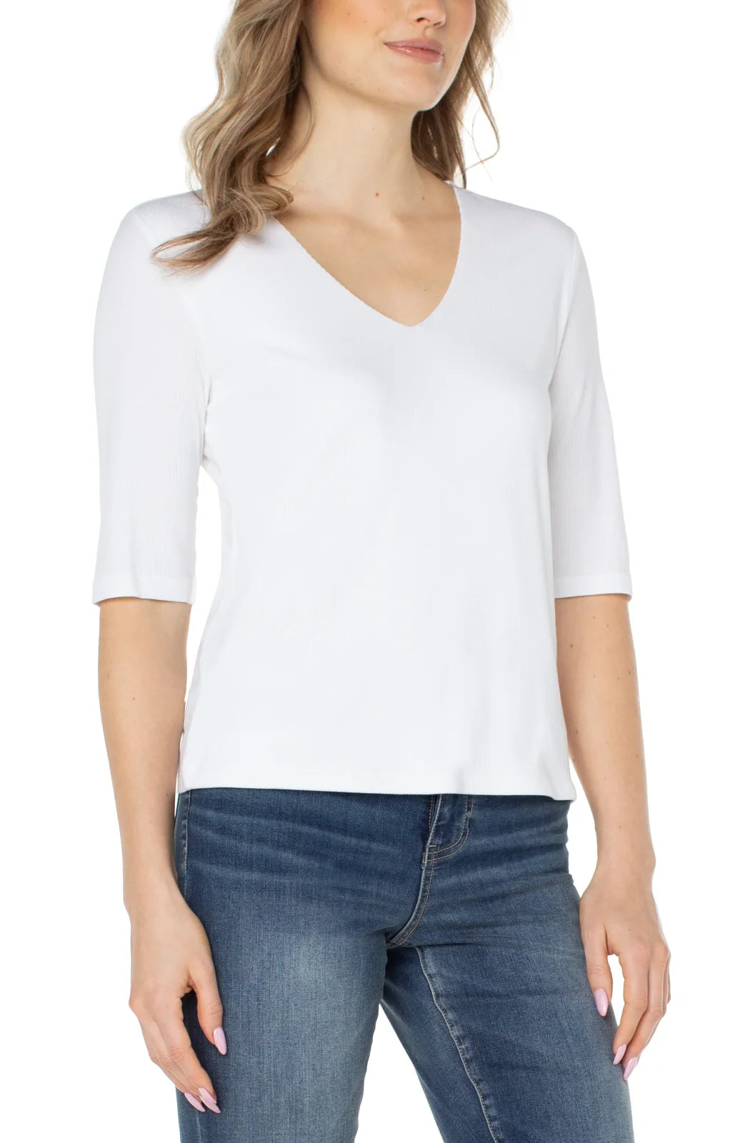Stylish white V-neck top from Liverpool, perfect for curvy plus size fashion, coastal boutique clothing, and casual wear.