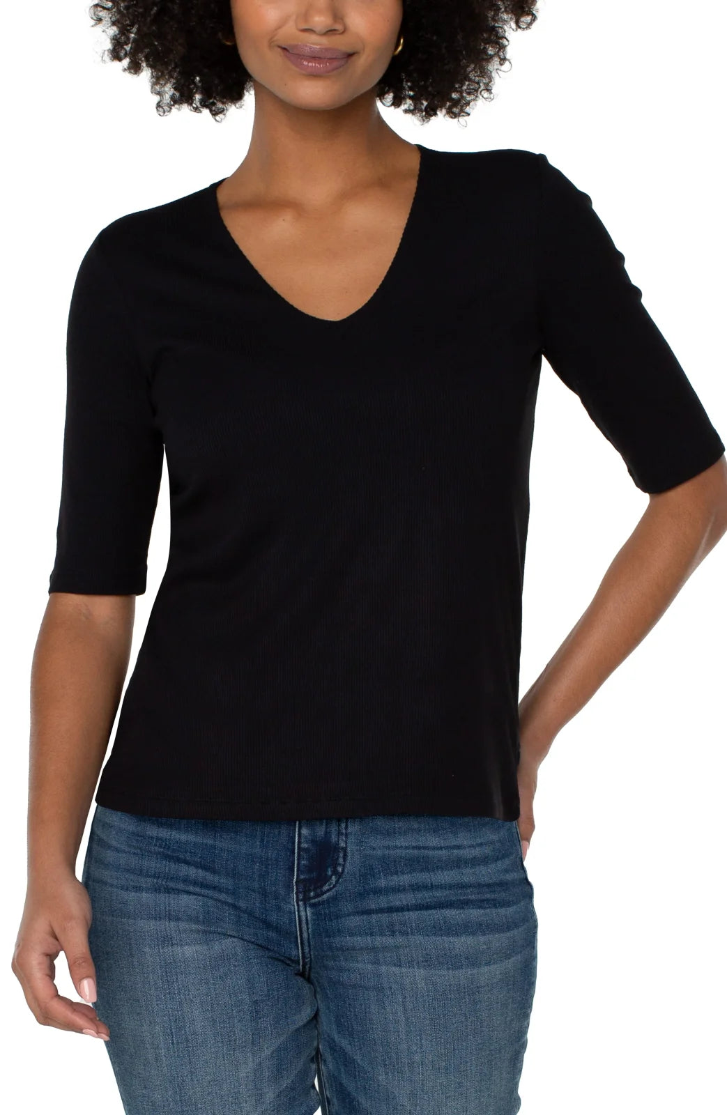 Liverpool Double Layer V-neck Rib Knit Top in Black, perfect for coastal boutique clothing and curvy plus size fashion.