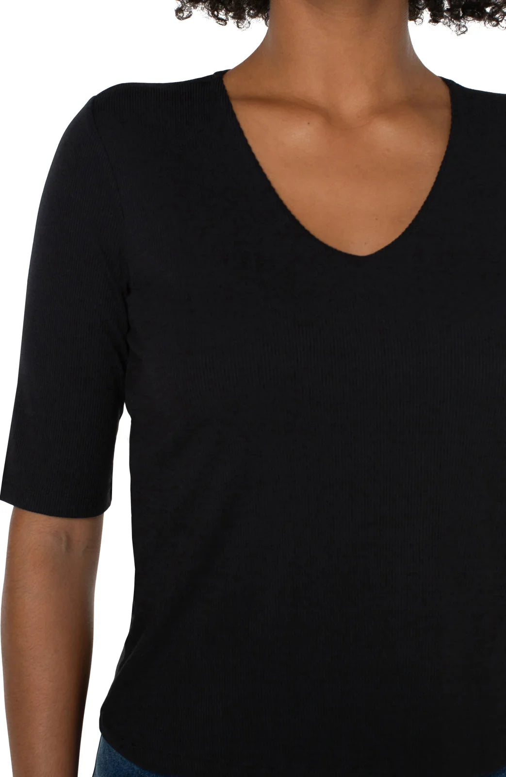 Liverpool Double Layer V-neck Rib Knit Top in black, a stylish addition to coastal boutique clothing and curvy plus size fashion.