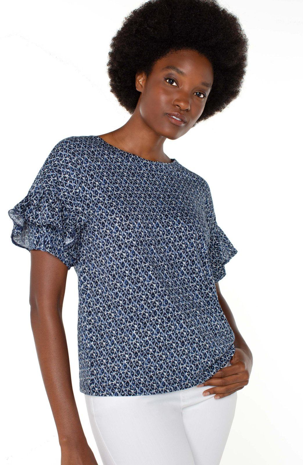 Liverpool Navy/Cream Batik Top with ruffle sleeves, ideal for coastal boutique clothing and stylish, versatile outfits.