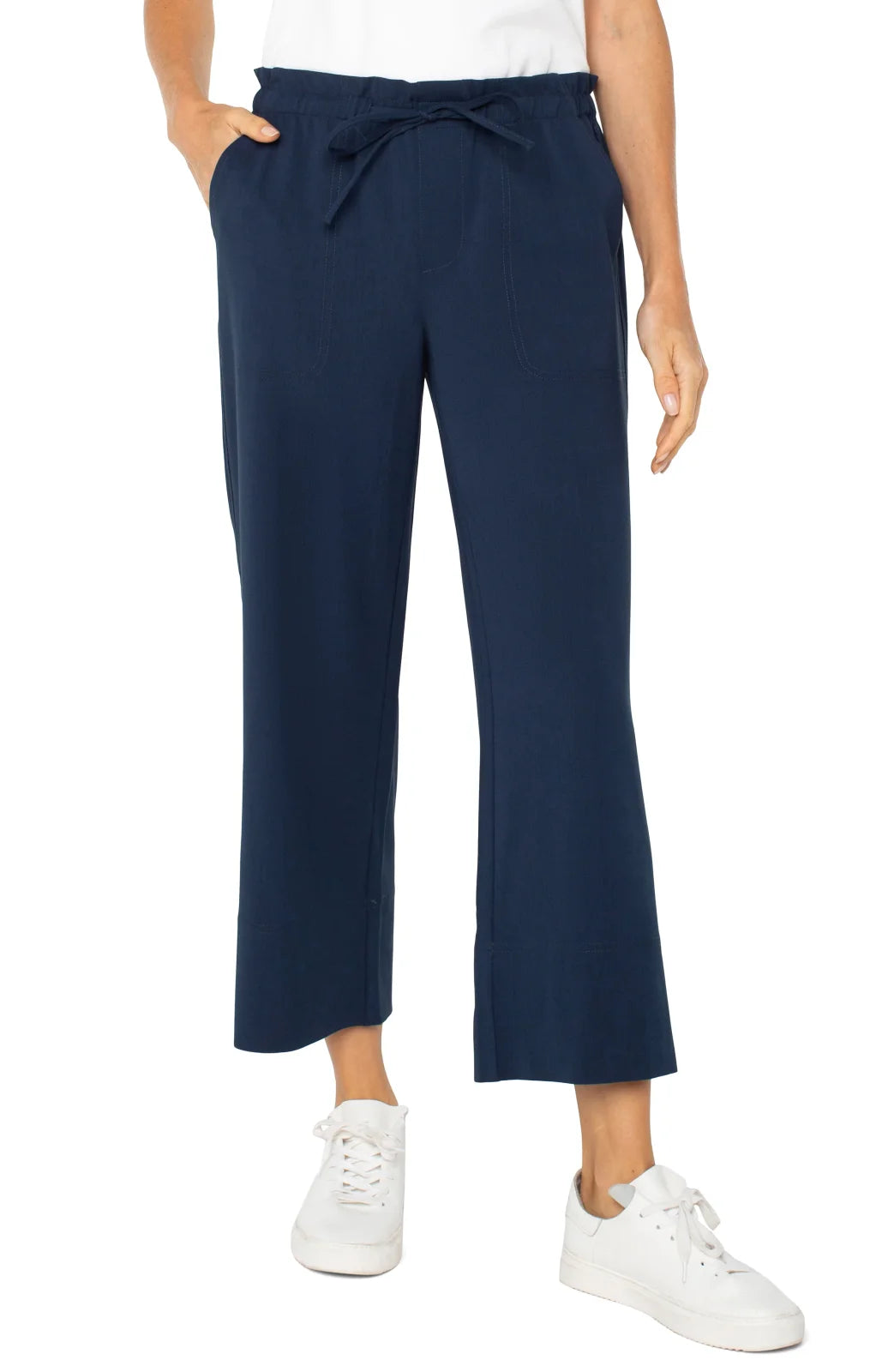 Navy pull-on wide leg pants with tie waist, perfect for coastal boutique clothing and casual beach outings.