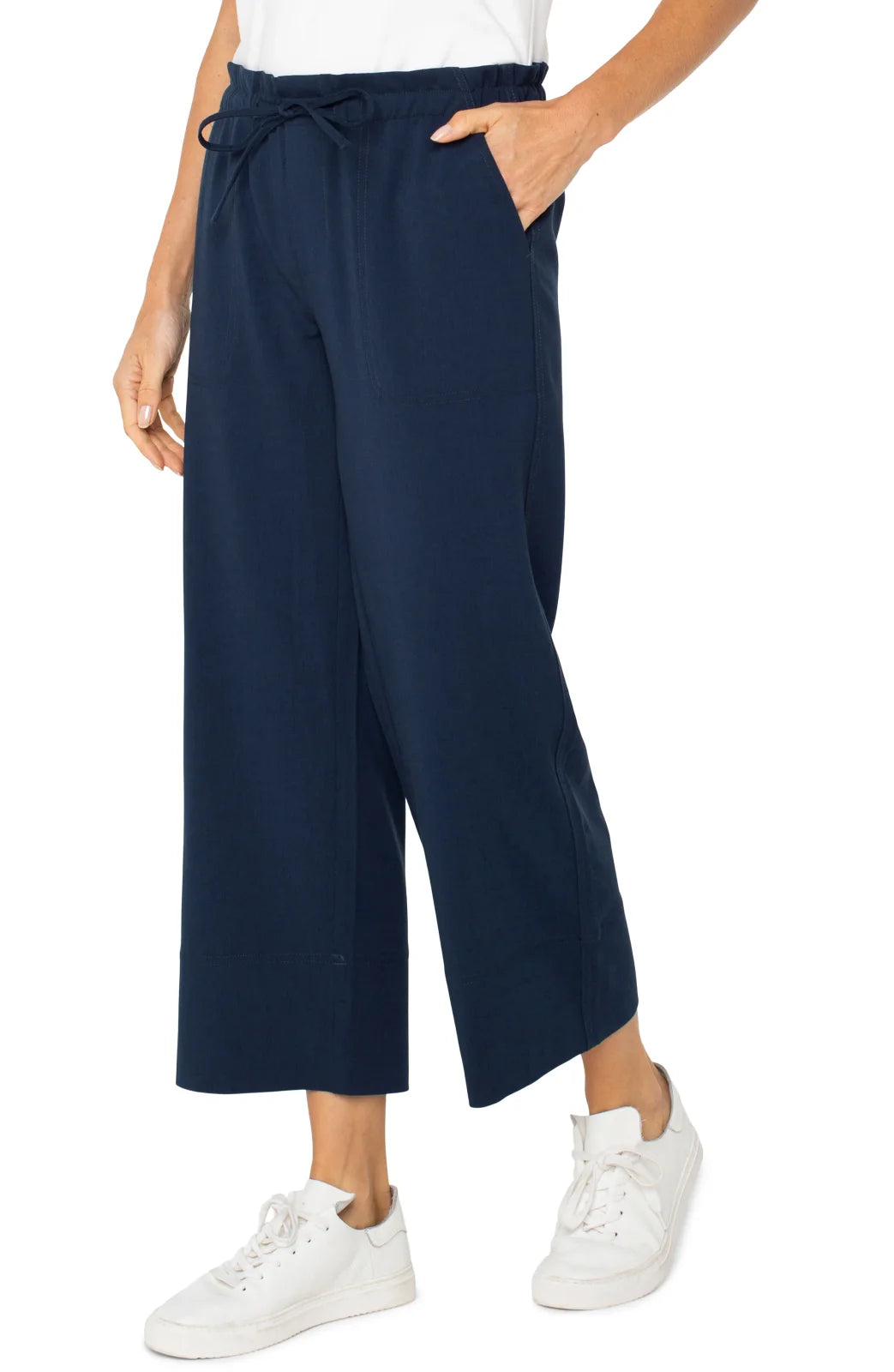 Stylish LP Pull-on Tie Waist Wide Leg Ankle Pants in Navy, perfect for coastal boutique clothing and curvy plus size fashion.