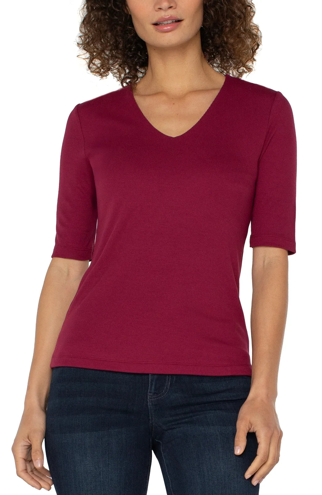Double layer V-neck rib knit top in cherry, a stylish essential for coastal boutique clothing and curvy plus size fashion.