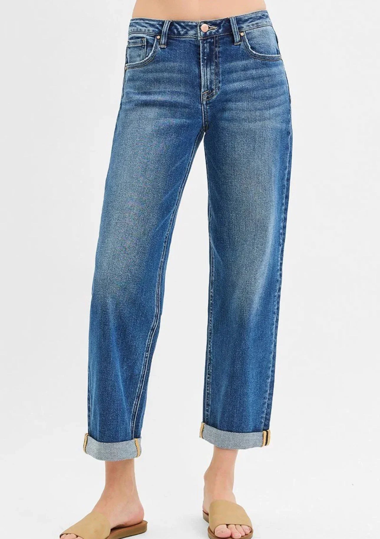 Risen mid rise boyfriend roll up jeans