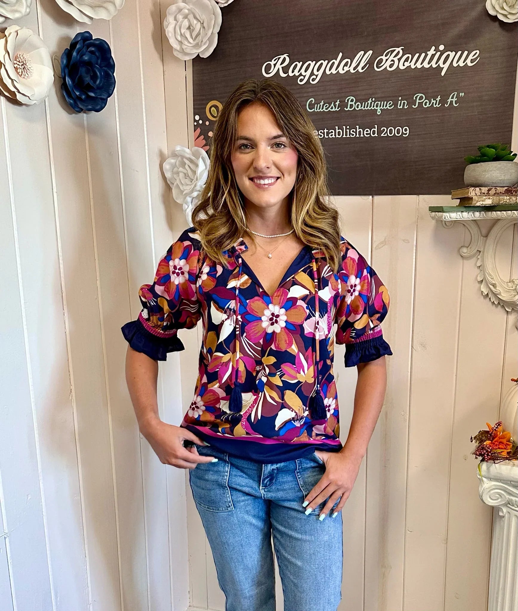 Model wearing v-neck floral top