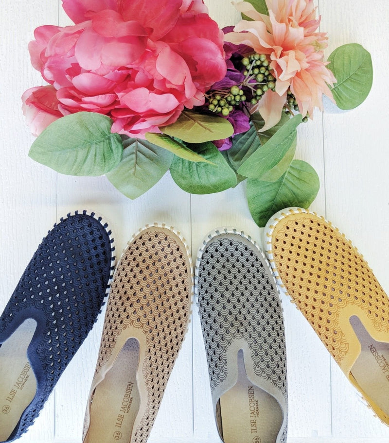 Ilse Jacobsen shoes in vibrant colors with flowers, perfect for coastal boutique clothing and beach dresses collection.