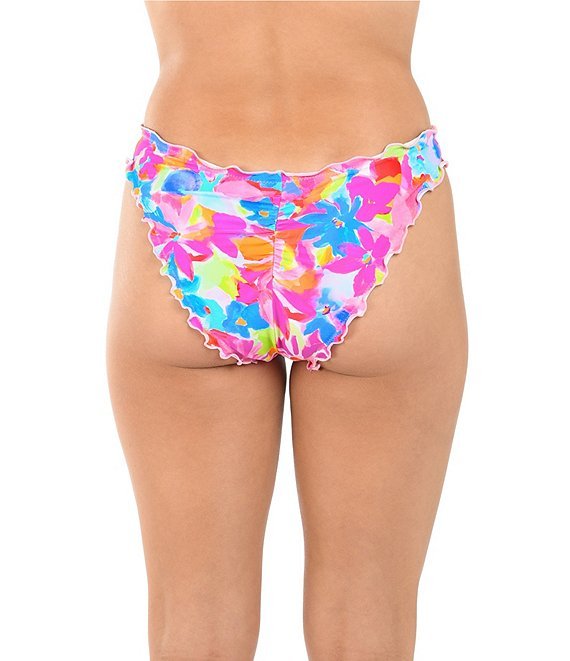 Vibrant floral bikini bottom in pink and neon colors, ideal for beach outfits from a coastal boutique clothing collection.
