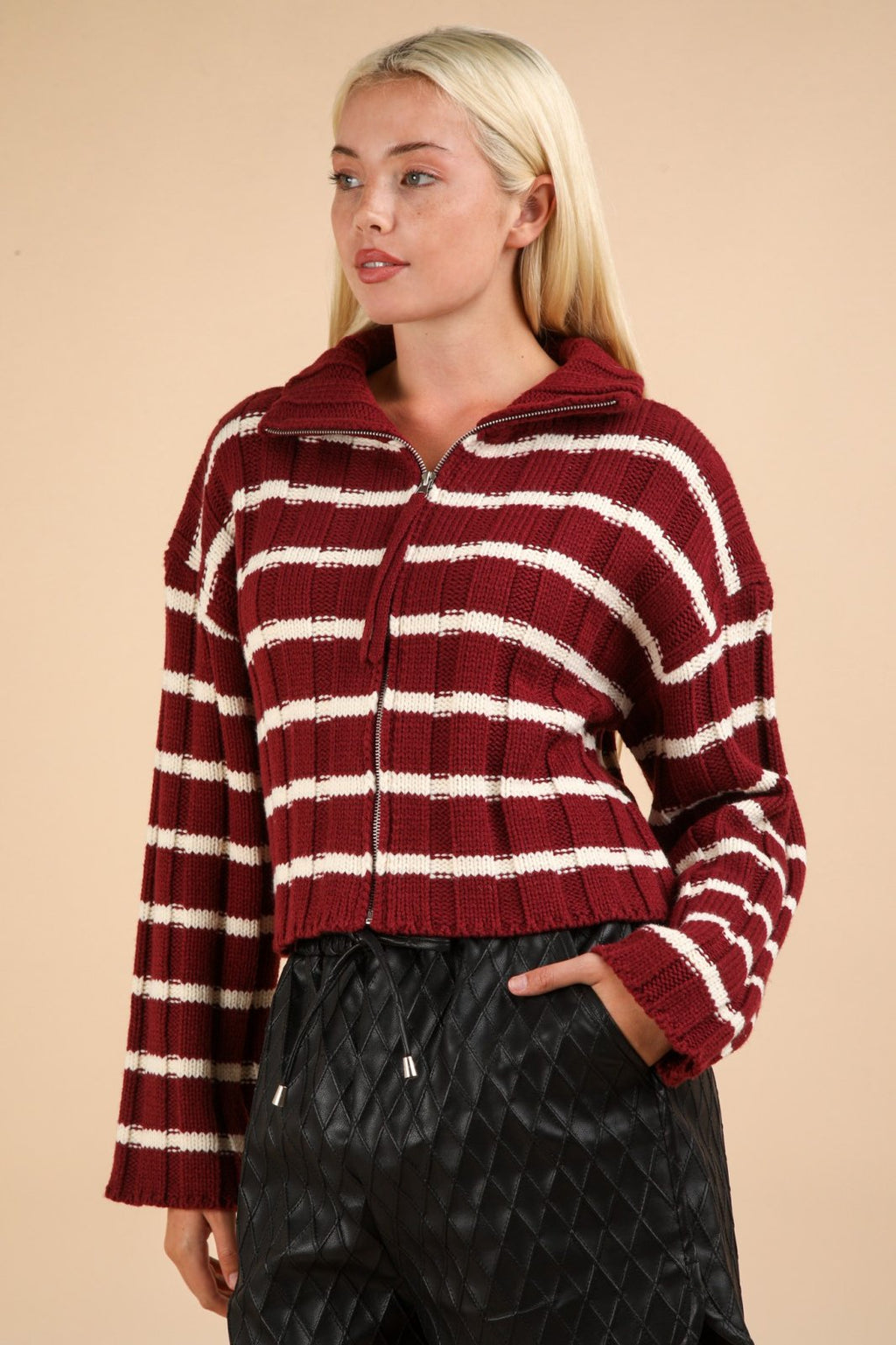 Stylish oversized zip-up cardigan with mock neck in burgundy and white stripes, perfect for coastal boutique clothing.