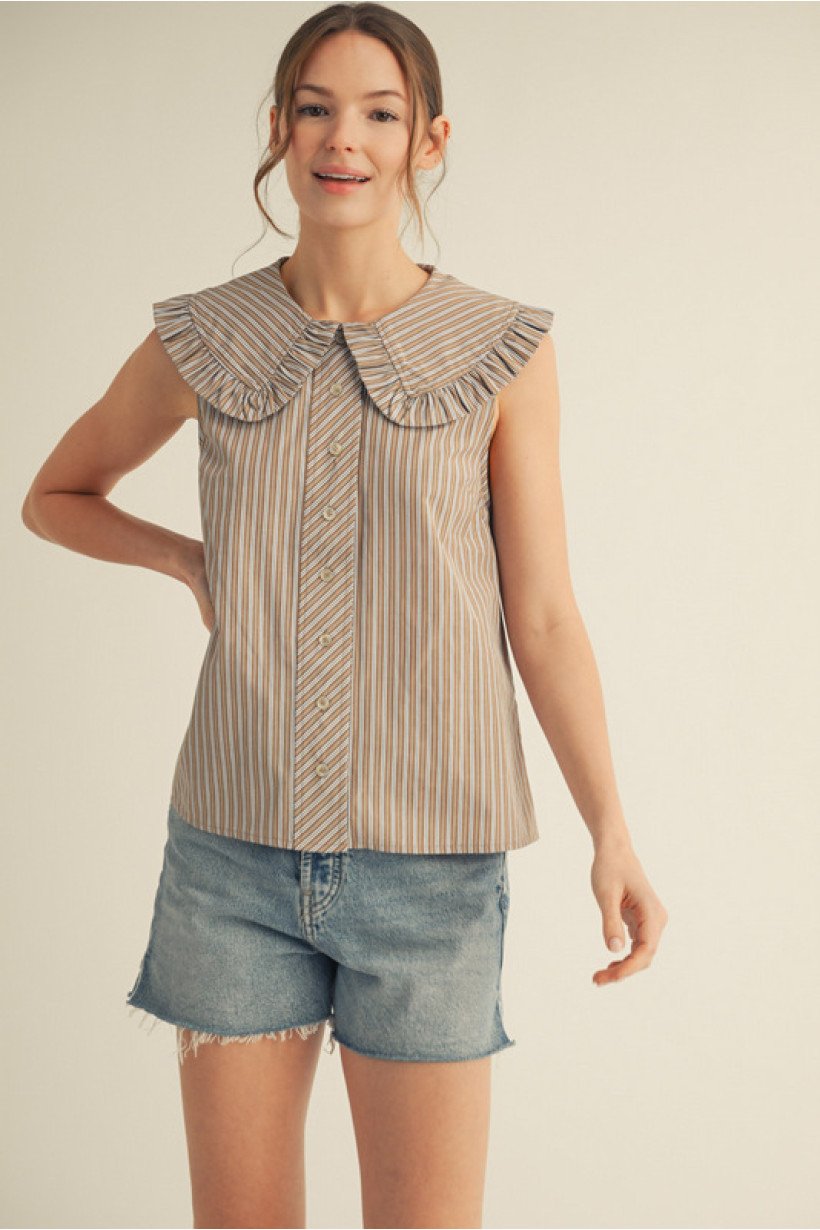 Chic tan and light blue striped button-down top with ruffled collar, perfect for coastal boutique clothing. Stylish tops for women.