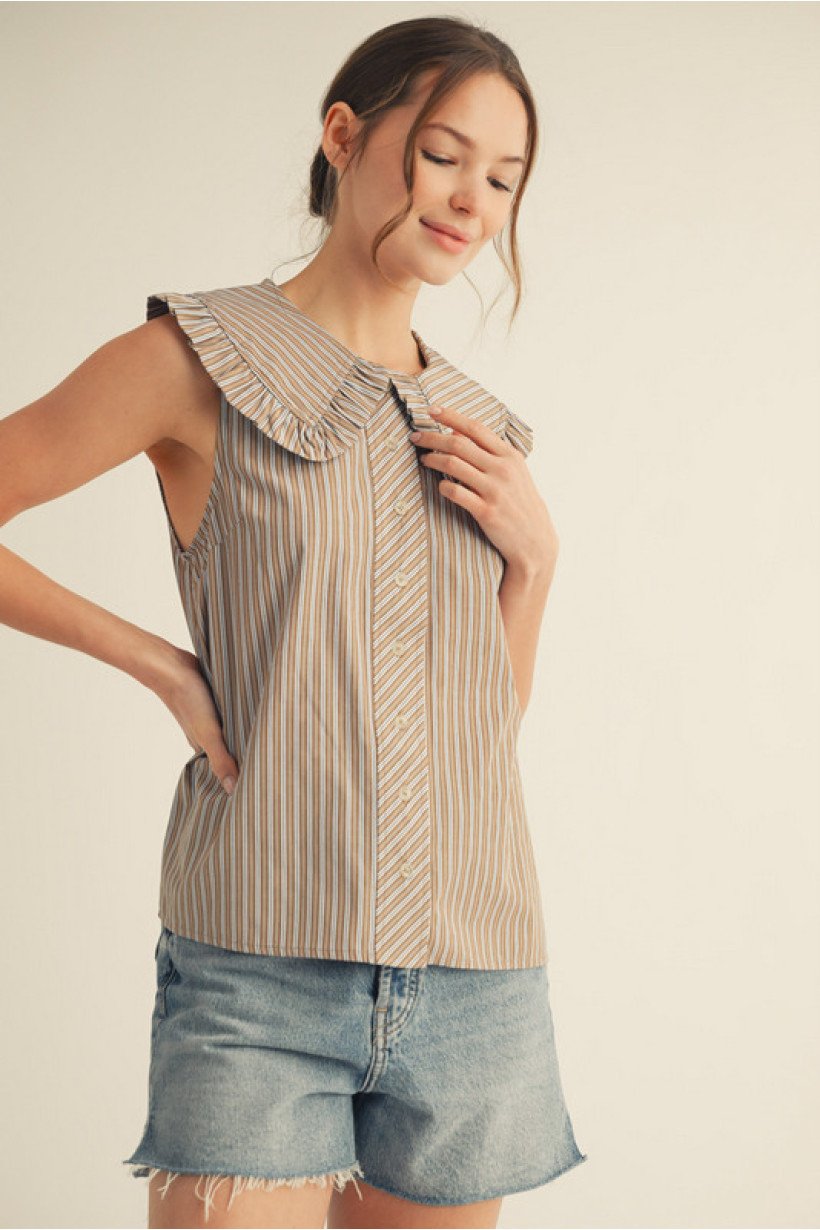Sleeveless striped button-down top with wide ruffled collar, perfect for coastal boutique clothing and summer layering.