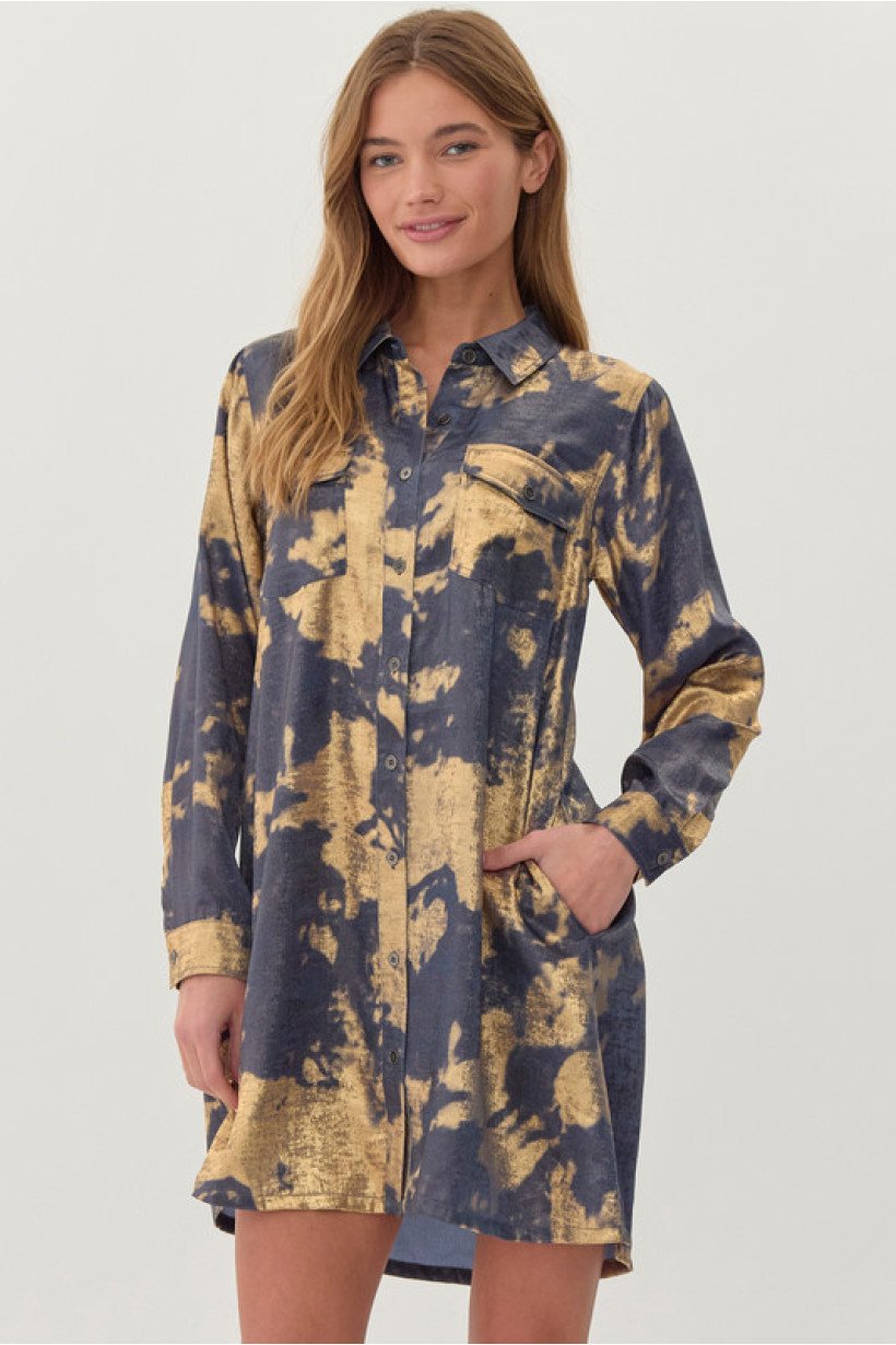 Denim and gold dress from a Port Aransas boutique; stylish beach dress for coastal fashion lovers.