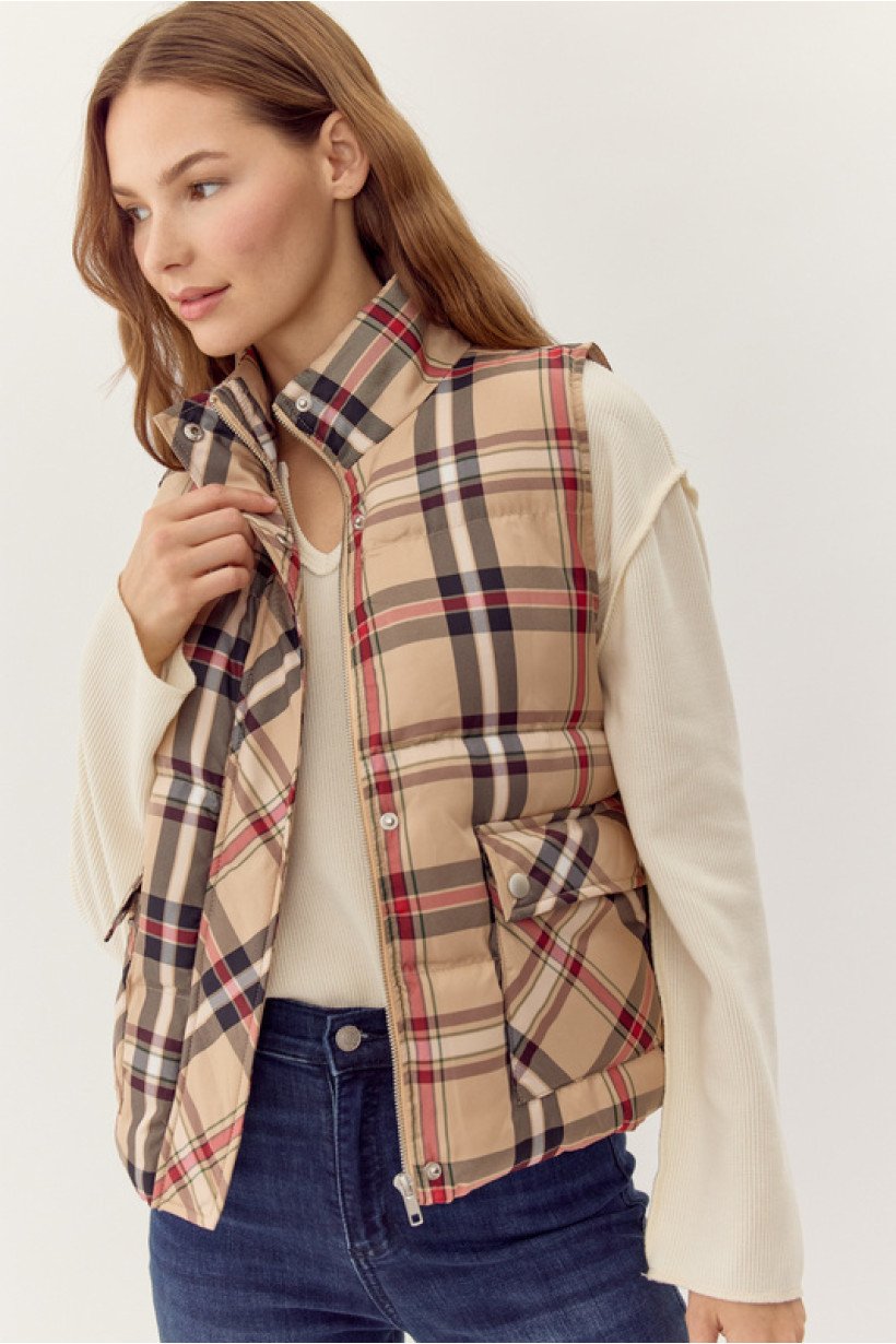Stylish plaid puffer vest from Port Aransas boutique, perfect for coastal fashion and curated women's style.