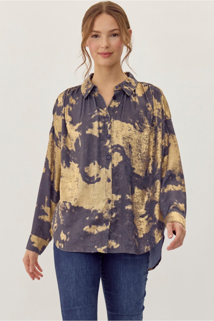 Denim and gold foil top, stylish fashion for women, perfect for coastal boutique clothing and tropical vacations.