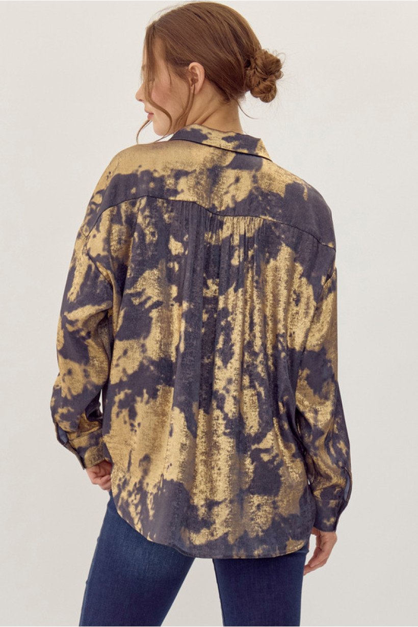 Stylish denim and gold foil top from Port Aransas boutique, perfect for beach dresses and coastal fashion adventures.