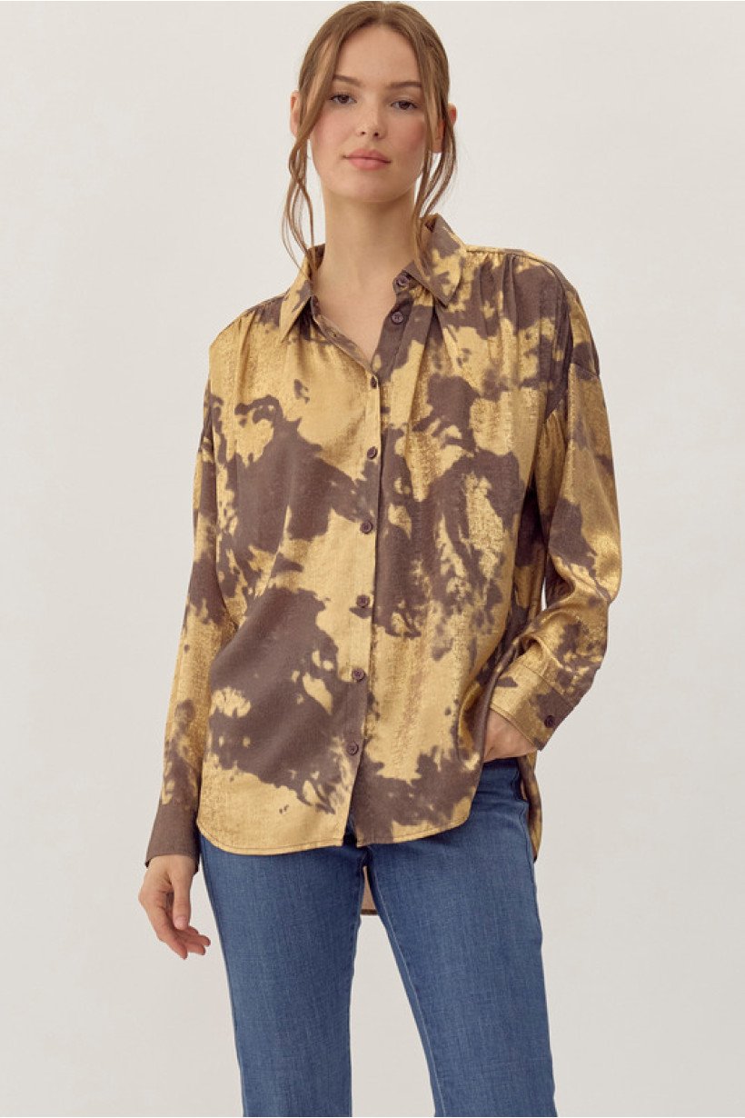 Chic denim and gold foil top from a coastal boutique, perfect for beach dresses and curated women's fashion.