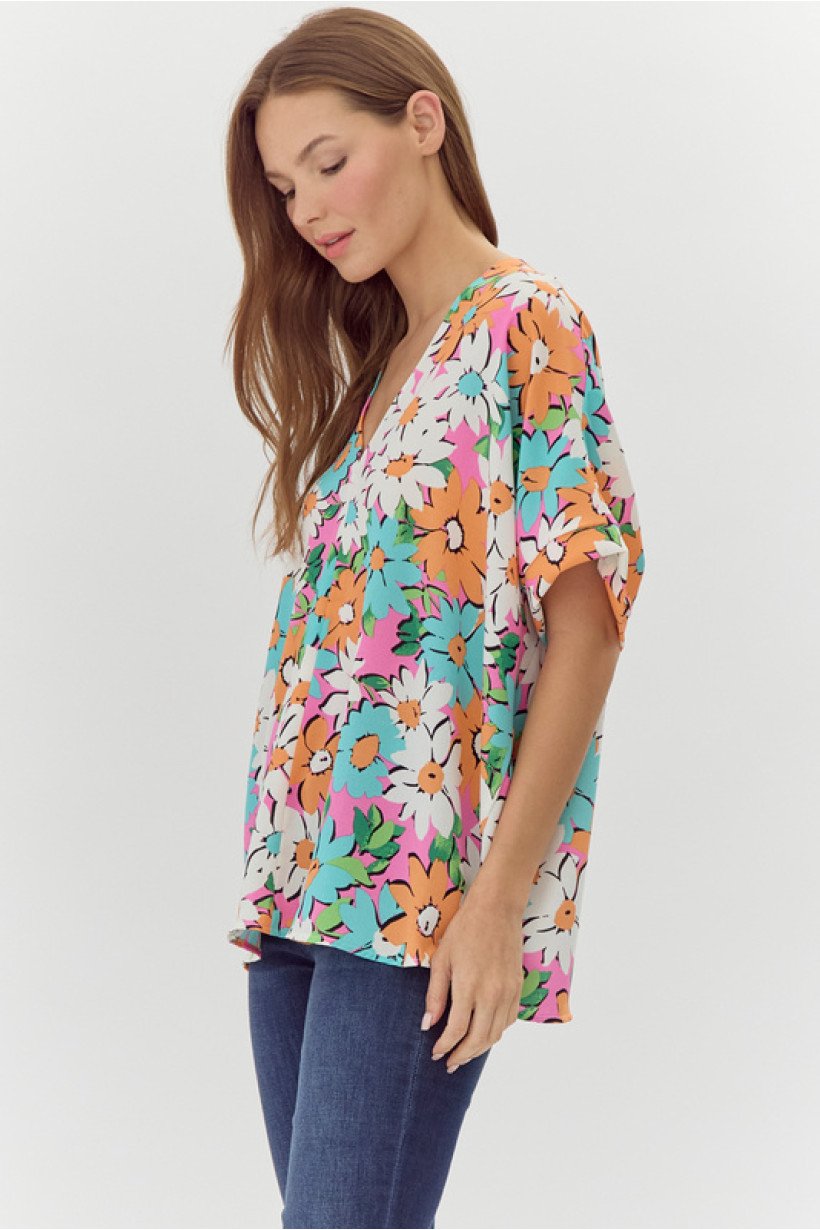 PINK MIX TOP (SOLID FLOWER PRINT) from Raggdoll Boutique, featuring vibrant floral design, perfect for summer outfits Texas.