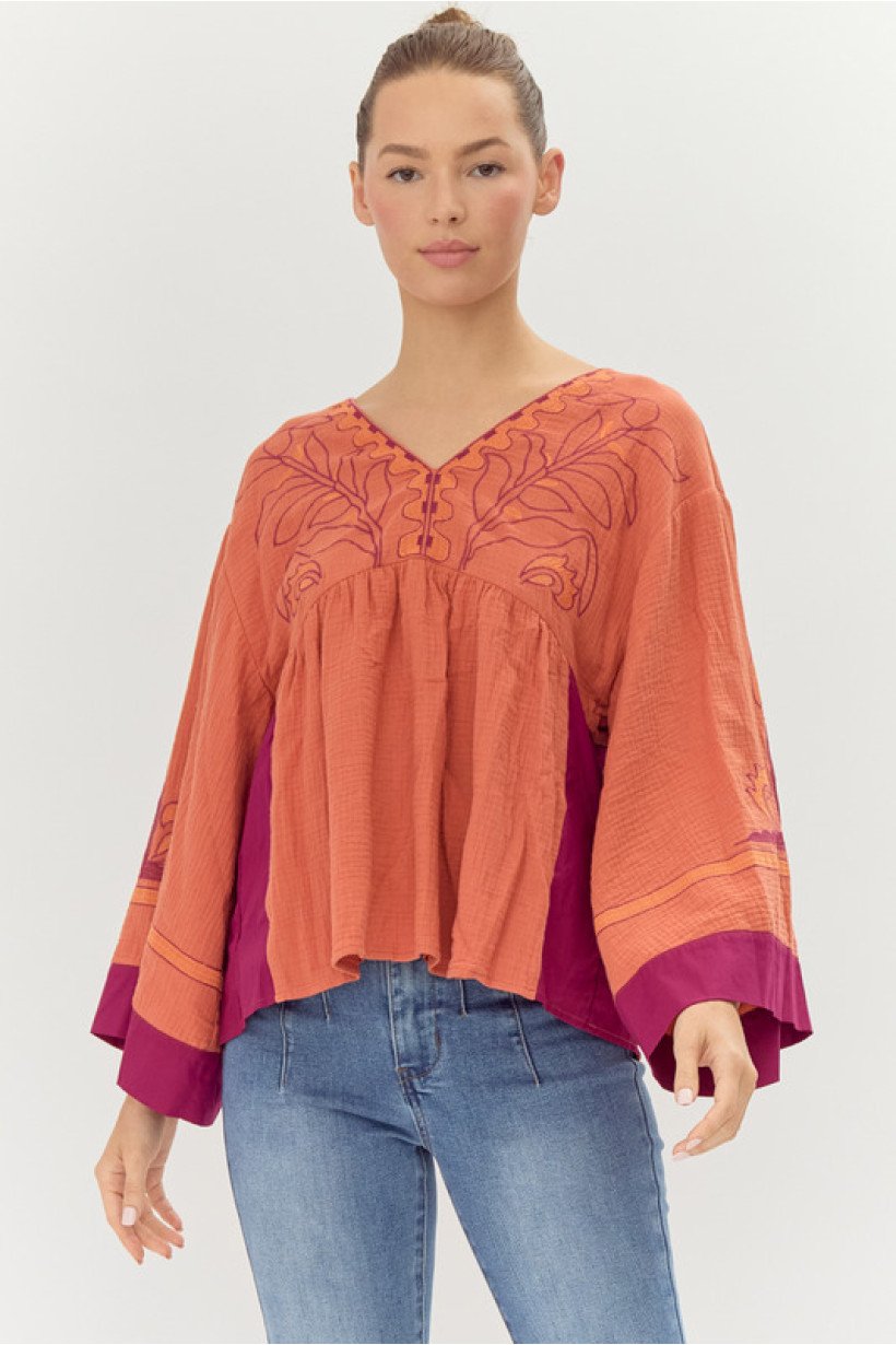 Rust and wine embroidered top, perfect for coastal boutique clothing and stylish summer beach dresses.
