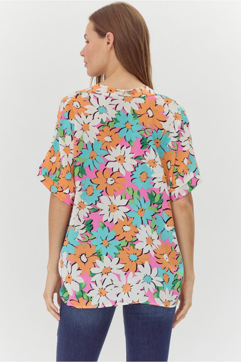 PINK MIX TOP (SOLID FLOWER PRINT) back view showcasing vibrant floral design from Raggdoll Boutique in Port Aransas.