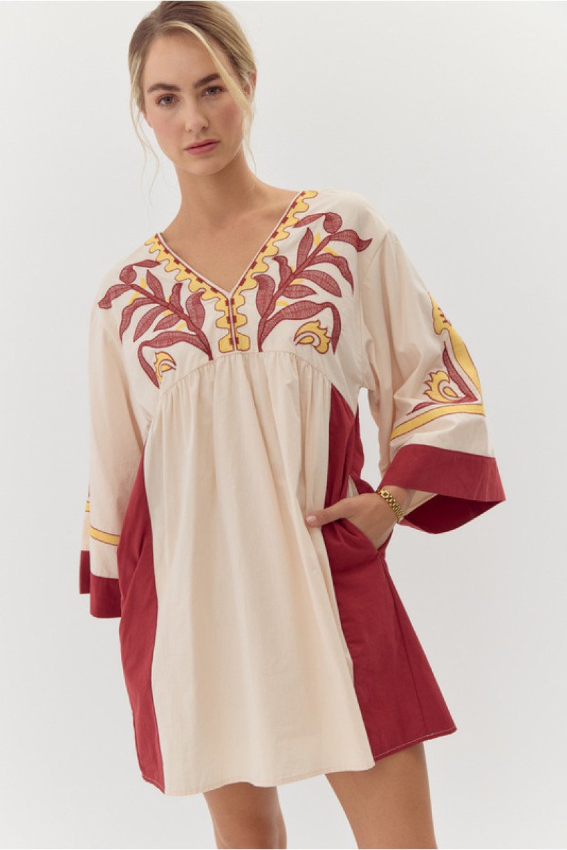 Talia Dress in cream and burgundy with floral embroidery, perfect for coastal boutique clothing and beach dresses.