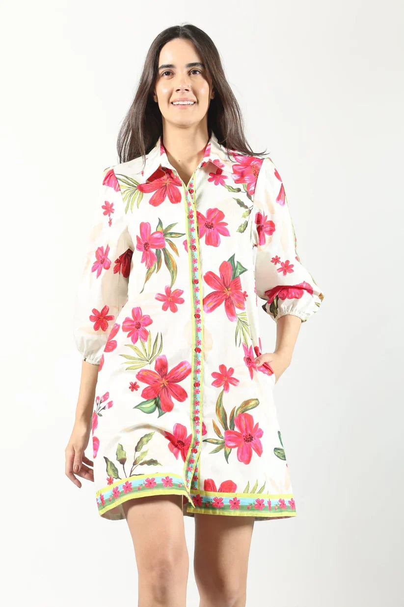 Ava Dress features vibrant floral print, classic collar; perfect for beach outings or tropical vacations. Available at coastal boutiques.