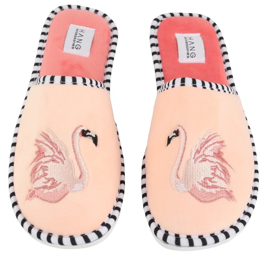 Pink flamingo slippers with striped edges, perfect for coastal boutique clothing and stylish gifts for tropical vacations.