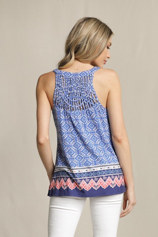 Printed V Neck Knit Top With Back Lattice from Raggdoll Boutique, perfect for summer outfits Texas and coastal fashion.