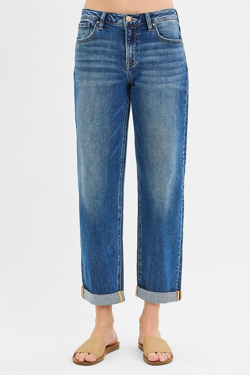 Dark wash mid rise boyfriend roll-up jeans perfect for curvy plus size fashion, ideal for coastal boutique clothing.