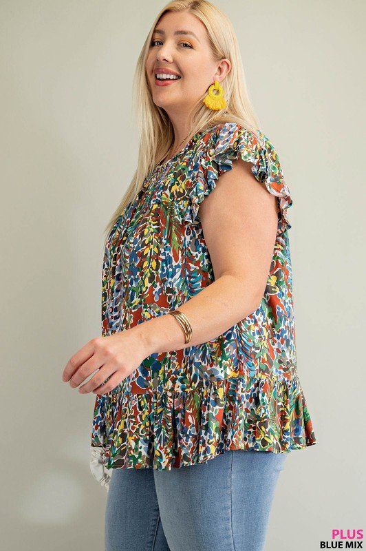 PLUS BLUE MIX PRINT TOP from Raggdoll Boutique, trendy coastal style, perfect for summer outfits Texas.