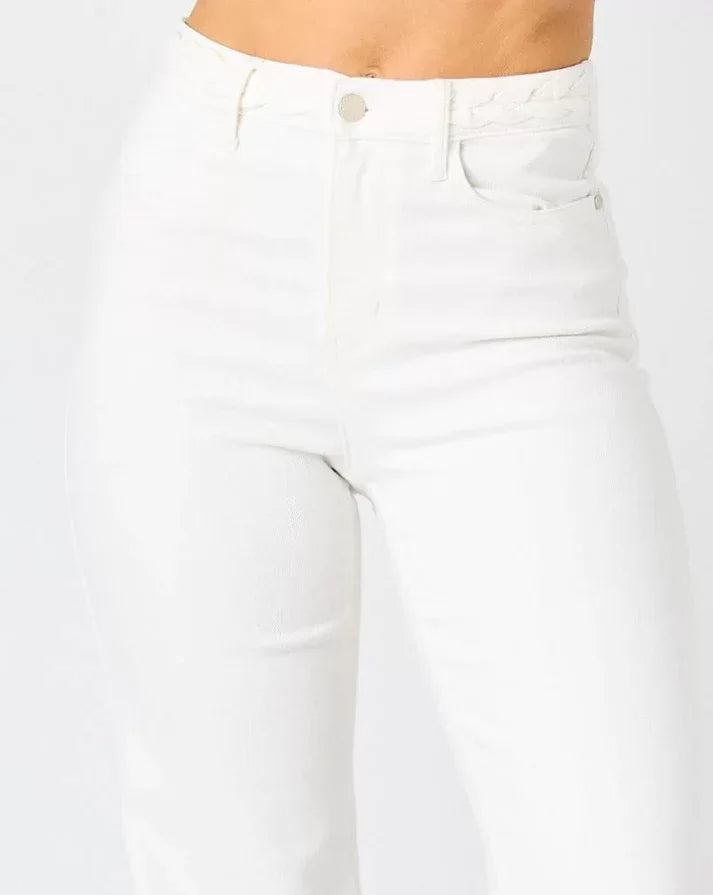 JUDY BLUE HW BRAIDED WHITE JEAN-WIDE LEG from Raggdoll Boutique, perfect for trendy coastal style summer outfits Texas.