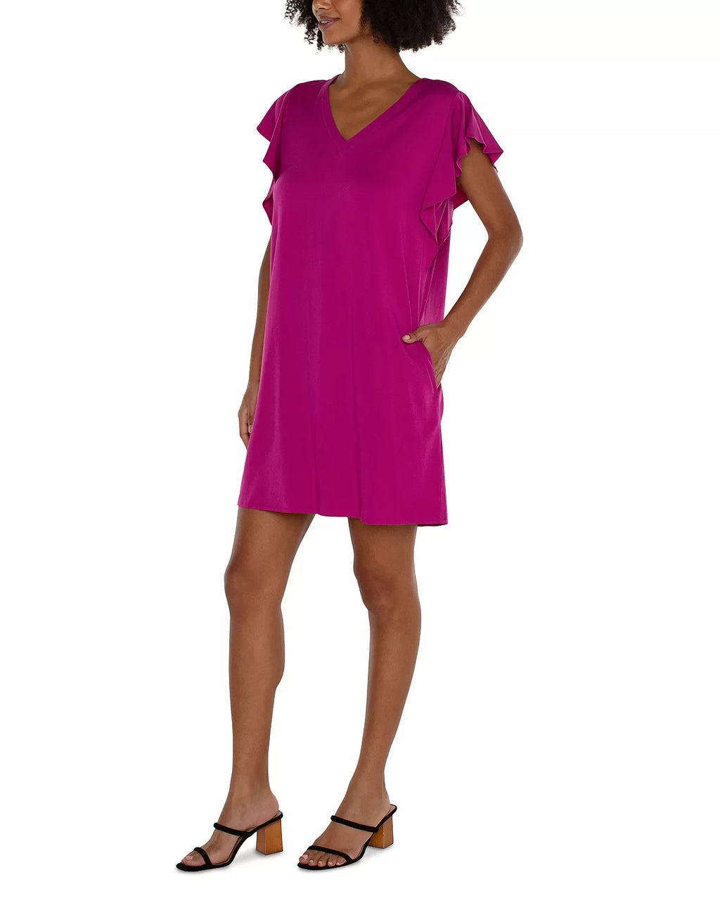 LIVERPOOL FUSHIA KISS FLUTTER SLEEVE DRESS shown on model, a trendy piece from Raggdoll Boutique.