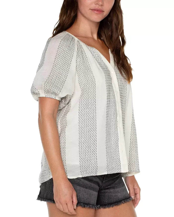 Liverpool Vintage Off-White Black Woven Top styled with shorts, trendy coastal style from Raggdoll Boutique.