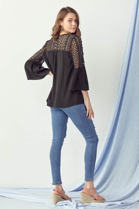 BLACK LACE DETAIL TOP showcased with ruffle details, perfect for summer outfits Texas at Raggdoll Boutique.