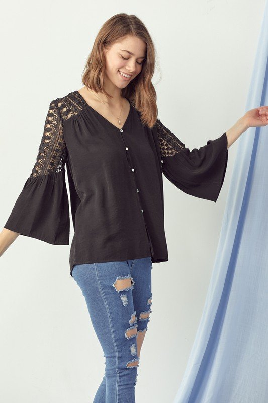 BLACK LACE DETAIL TOP, stylish lace contrast top with ruffle detail from Raggdoll Boutique, perfect for summer outfits.
