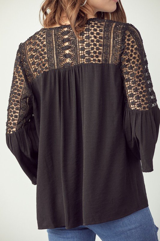 BLACK LACE DETAIL TOP featuring lace contrast and ruffle detail, perfect for summer outfits Texas at Raggdoll Boutique.