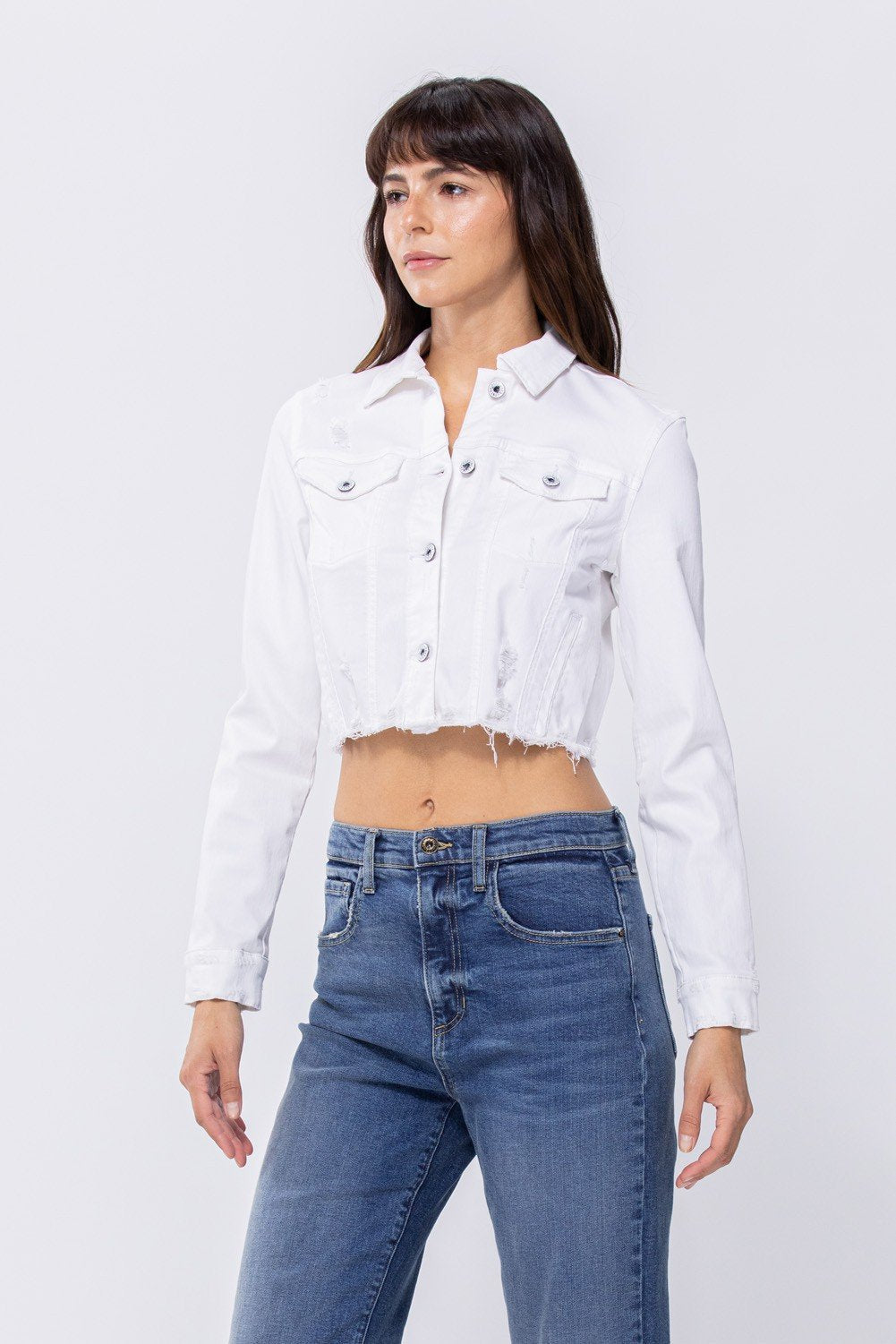 WHITE CROP SLIGHT DISTRESS JACKET from Raggdoll Boutique, perfect for summer outfits Texas and trendy coastal style.