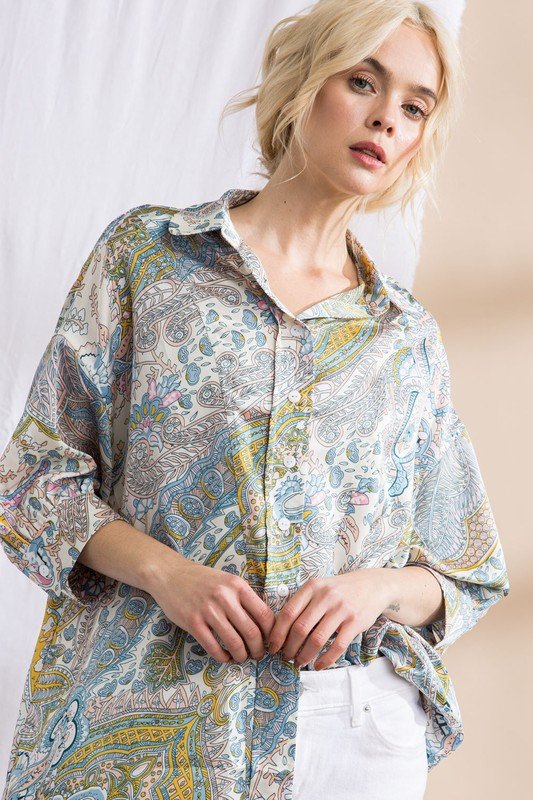 SKY, YELLOW, PINK OVERSIZED TOP styled with white pants from Raggdoll Boutique, a coastal fashion boutique.