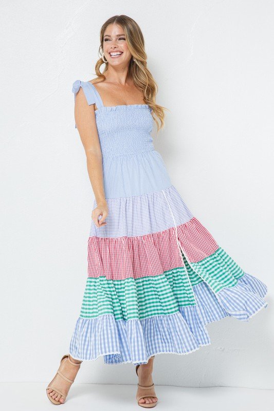 GIVE IT A TWIRL MAXI DRESS in colorful striped design, perfect for summer vacations at Raggdoll Boutique.