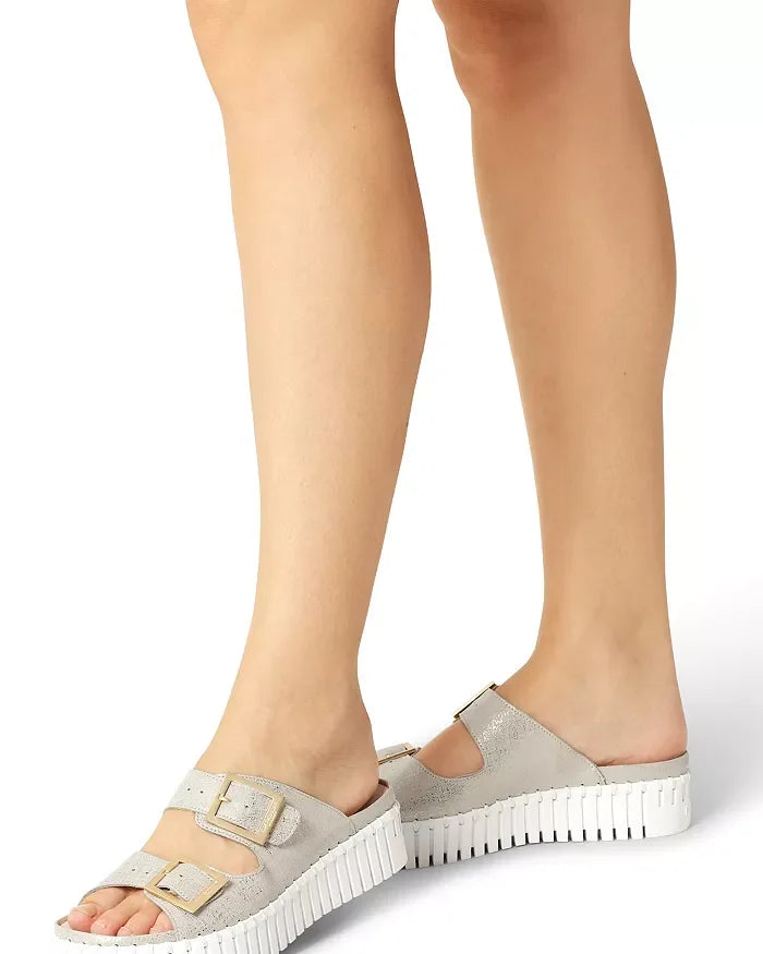 Silver white buckle sandals by Ilse Jacobsen, perfect for coastal boutique clothing and tropical vacation outfits.