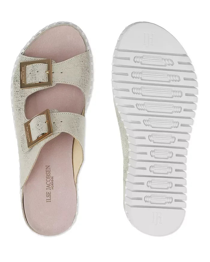 Stylish Silver White Buckle Sandals by Ilse Jacobsen, perfect for beach dresses and tropical vacations from a Port Aransas boutique.